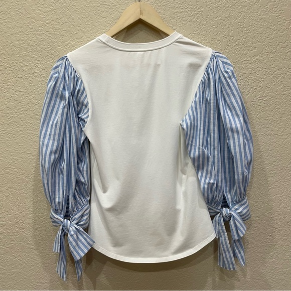 Cinq a Sept Carlie Top White W/ Contrast Blue Striped Sleeves - Picture 13 of 13